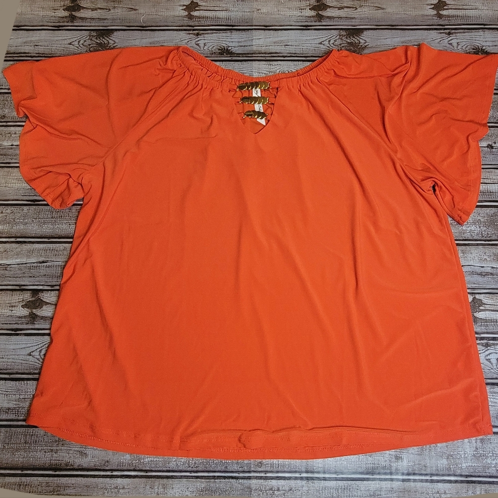 NY Collection Orange Raglan Sleeve Top with Gold Chain Detail Size 1X